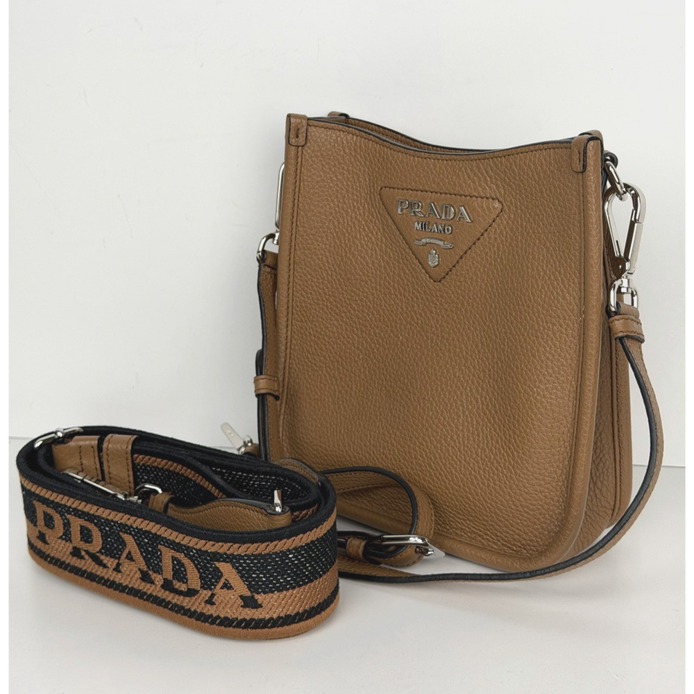 Prada Vitello Daino Soft Mini Hobo Messenger Bag in Caramel Brown Leather